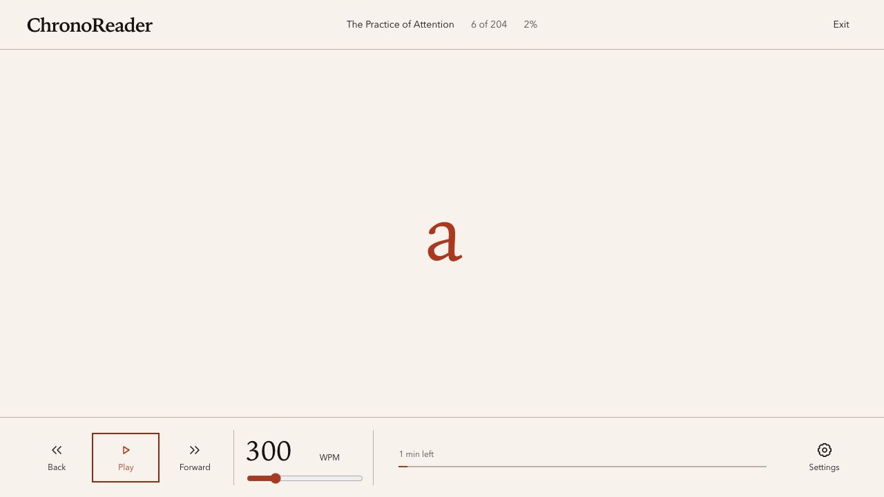 ChronoReader displaying a single word with its center character highlighted